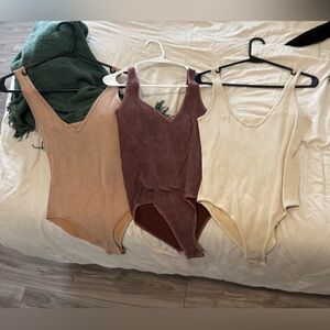 Ribbed Sleeveless Bodysuit Set - Cream, Brown, Tan